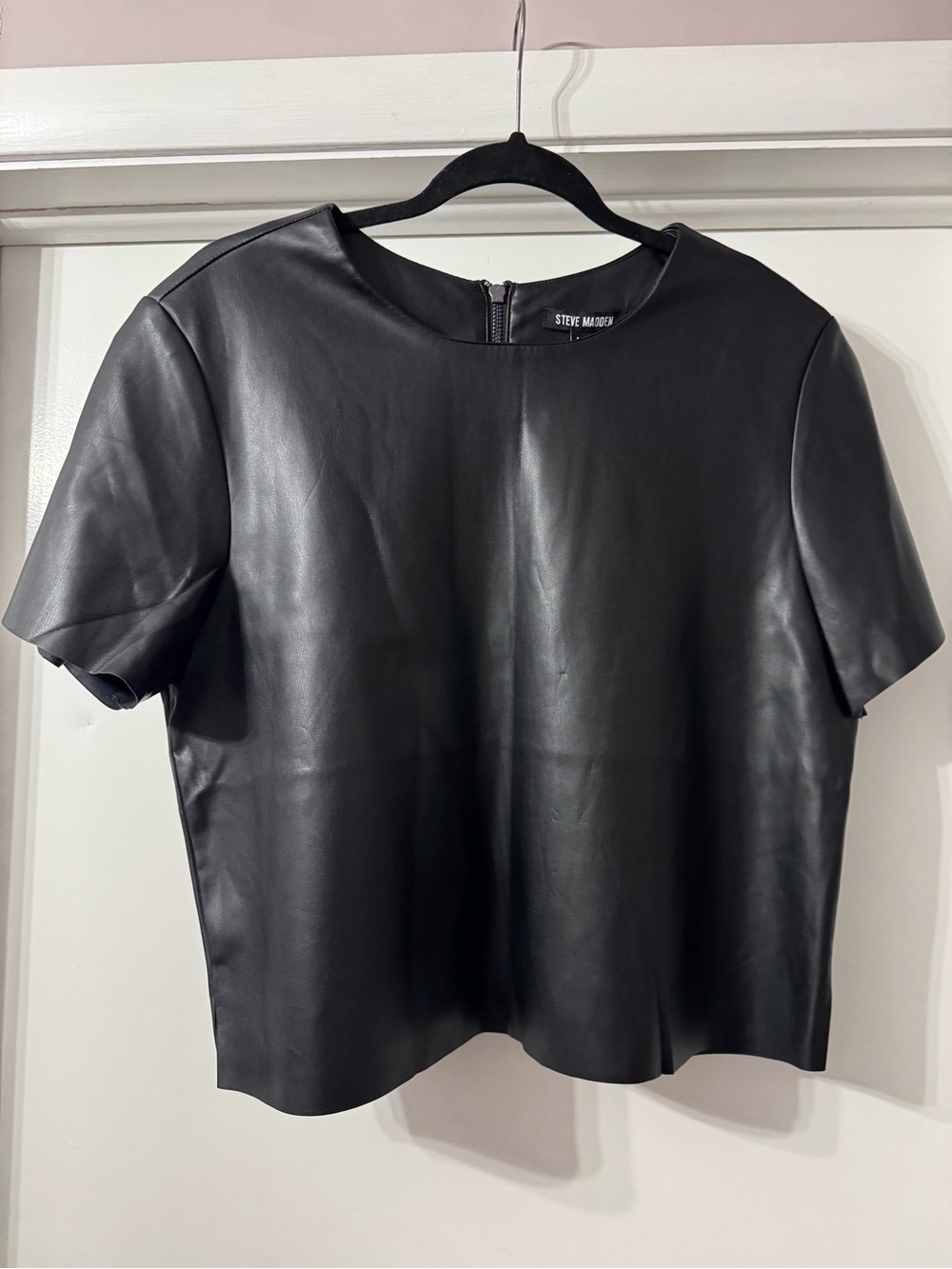 Steve Madden Black Faux Leather Short Sleeve Top with Back Zip